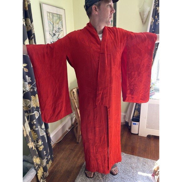 Red w/ Birds Japanese Kimono Men's/Women's Silk Vintage Traditional Wear yukata - Picture 1 of 11